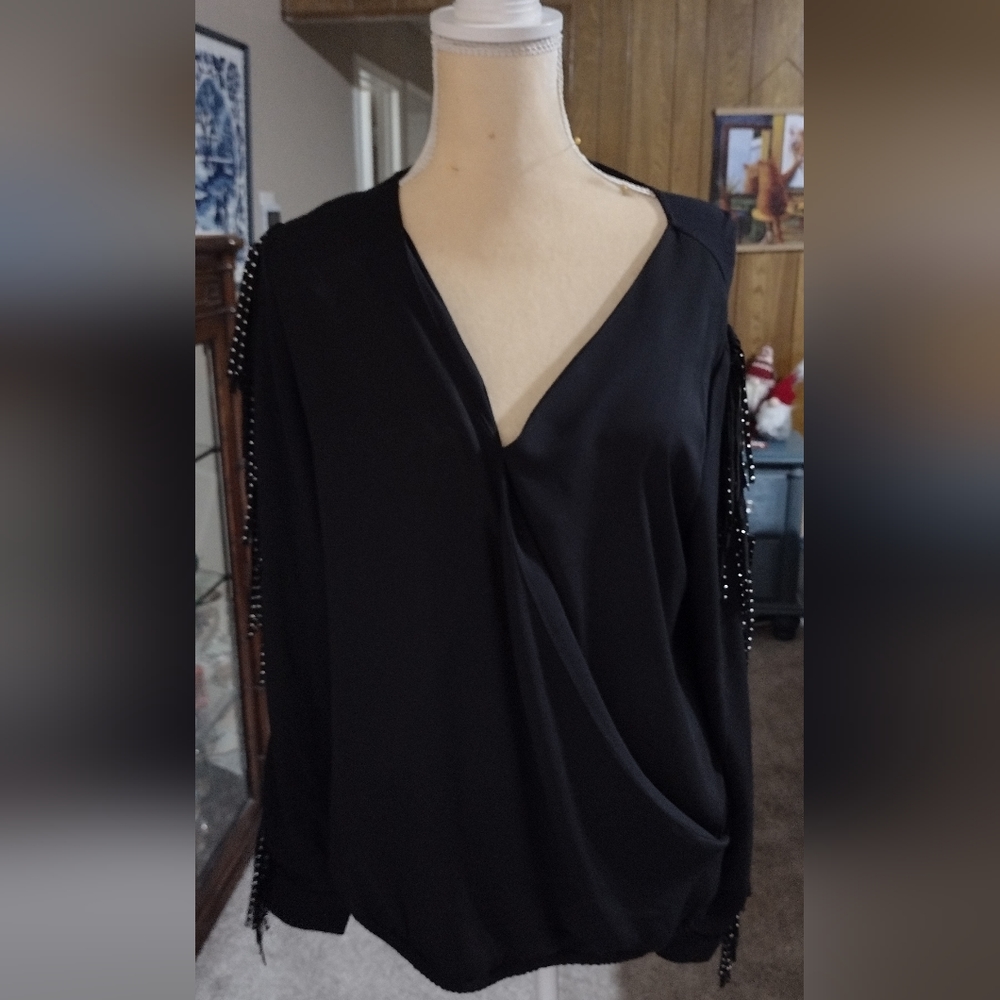 INC Black top with fringe on sleeves